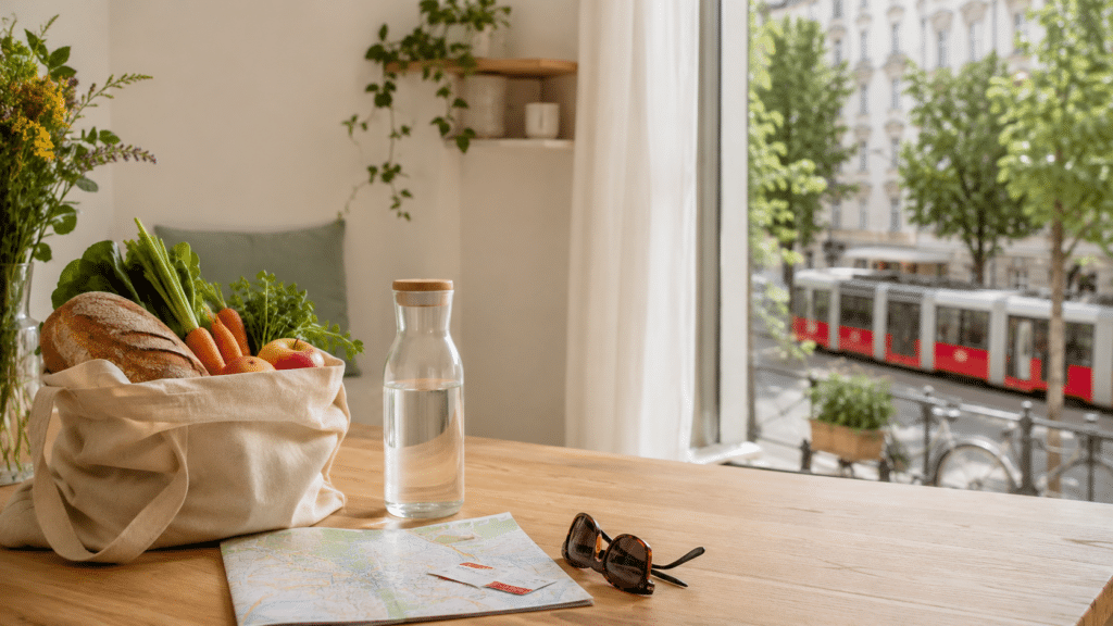 Tisch mit Einkaufstasche und Wasserkaraffe