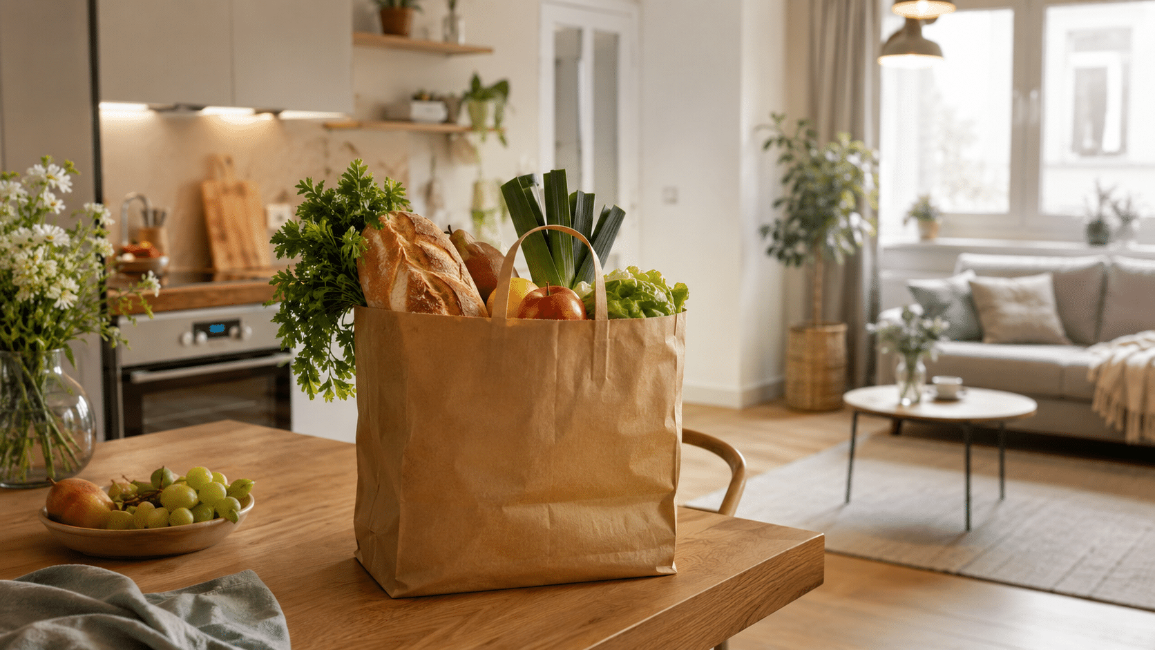 Tisch mit Einkaufstasche und Küche