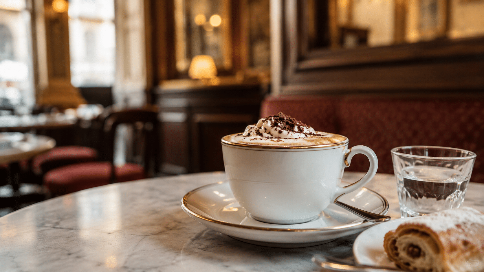 Tasse Kaffee mit Wasser und Kuchen