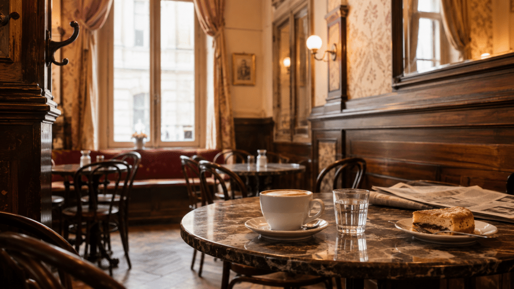 Kaffeehaus mit Tasse Kaffee und Kuchen